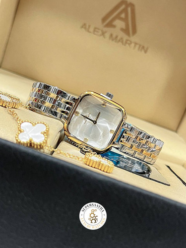 ساعت زنانه الکس مارتین نقرهای و طلایی صفحه مربع