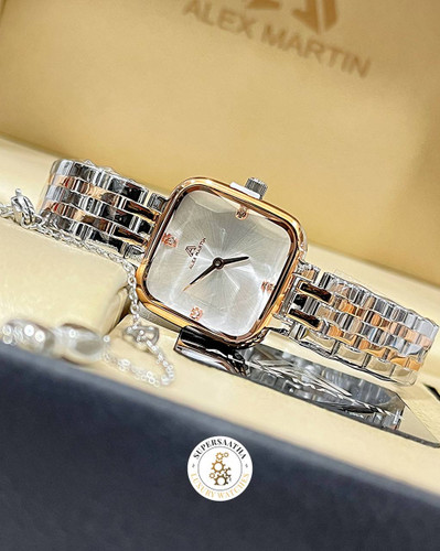 ساعت زنانه الکس مارتین نقرهای و رزگلد صفحه مربع